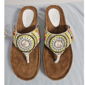 Boho Azura Spring Step Embellished Beaded Cork Thong Wedge Sandals 8.5